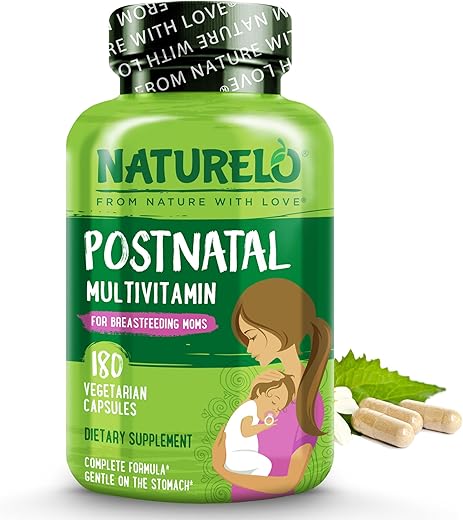 Postnatal Multivitamínico – Vitamina D à base de plantas, Ácido Fólico, Ferro Suave – Suporte pós-natal para lactação – Mãe que amamenta, Bebê – 180 cápsulas - NATURELO