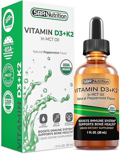 SBR Nutrition - MAX Absorption, Gotas Líquidas de Vitamina D3 K2 (MK-7) com Óleo de TCM, Sabor Menta, Fortalece os Ossos e Promove um Coração Saudável