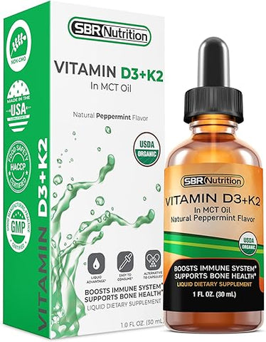 SBR Nutrition - MAX Absorption, Gotas Líquidas de Vitamina D3 K2 (MK-7) com Óleo de TCM, Sabor Menta, Fortalece os Ossos e Promove um Coração Saudável