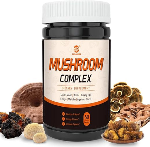 GANOHERB - Complexo de Cogumelos 6 em 1 – 800mg de Suplemento com Extrato Orgânico de Cogumelos Frutíferos – Leão da Montanha, Reishi, Cauda de Peru, Chaga, Maitake, Agaricus Blazei – 60 Cápsulas Vegetais