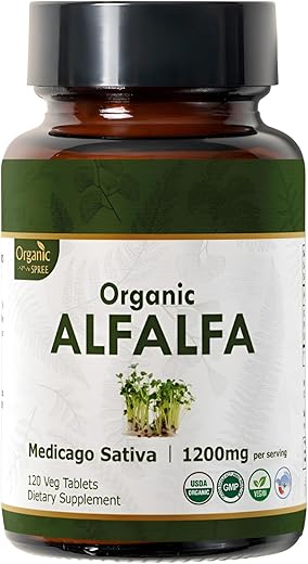 ORGANIC SPREE - Alfalfa 120 Comprimidos | Medicago Sativa (Alfafa) | Orgânico e Natural | Suplemento Superfood com Vitaminas e Minerais | Vegano e Certificado pelo USDA 120tab