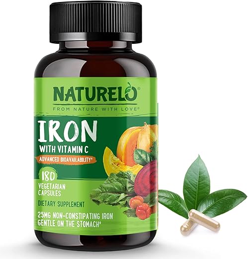 NATURELO - Suplemento de Ferro Vegano NATURELO com Vitamina C e Alimentos Orgânicos – Comprimidos de Ferro Suave para Mulheres