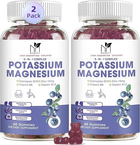 MABEFY - Gomas de Potássio e Magnésio 1800mg, Gomas de Potássio sem Açúcar com Glicinato de Magnésio, Taurato, Malato, Suplementos Mastigáveis de Potássio e Magnésio para Cãibras nas Pernas