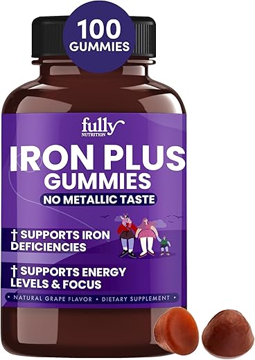 FULLY NUTRITION - Suplemento de Gomas de Ferro para Adultos (Mulheres, Homens) e Crianças – Sabor Uva – Suporta Anemia, Energia e Concentração – 100 Unidades