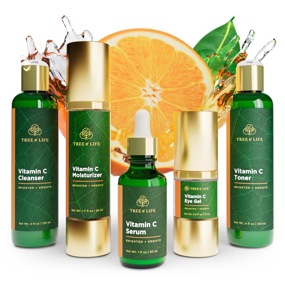 Tree of Life Beauty - Árvore da Vida Vitamina C Iluminadora Kit Completo 5-Pack: Sérum (30 ml), Creme Hidratante (50 ml), Gel para os Olhos (15 ml), Tônico (120 ml), Gel de Limpeza (120 ml), Renovador Facial, Limpo
