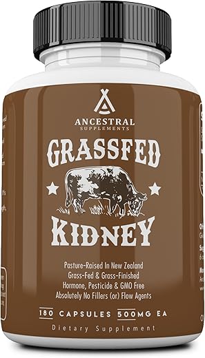 Suplemento de Rim de Gado Alimentado com Capim da Ancestral Supplements, 3000mg, Enzima DAO, Suporte Renal para Saúde Urinária e Histamínica, Selênio, B12, Não Transgênico, 180 Cápsulas