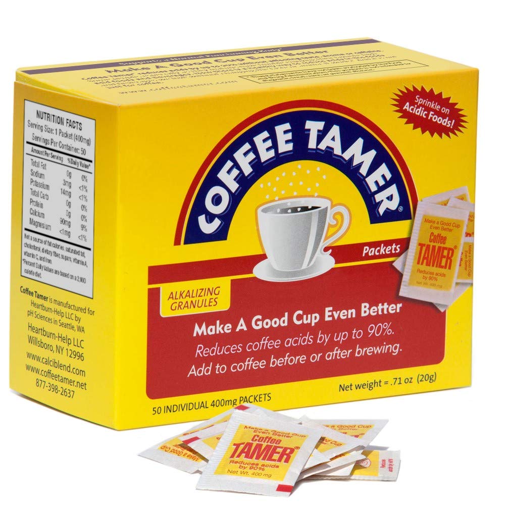 Coffee Tamer - Café Tamer Redutor de Ácido do Café em Grânulos 50 Pacotes – Reduz os Ácidos do Café em até 90% – Minerais Naturais – Amigo do Keto, Sem Açúcar, Sem Calorias, Não-OGM – 50 unidades