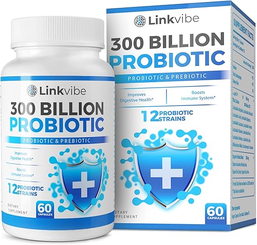 Linkvibe - Probiótico 300 Bilhões UFC – 12 Cepas Probióticas com Prebióticos Orgânicos para Digestão | Marca: Probiotic 300 Billion CFU