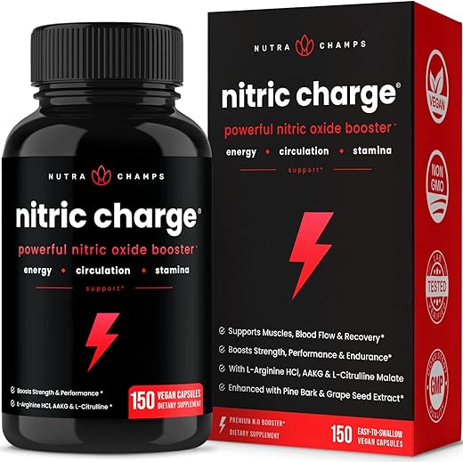 NutraChamps - Suplemento Óxido Nítrico | L-Arginina, L Citrulina Malato, AAKG, Casca de Pinheiro, Extrato de Semente de Uva | Potencializador de Óxido Nítrico de Alta Potência | Cápsulas de Óxido Nítrico para Homens