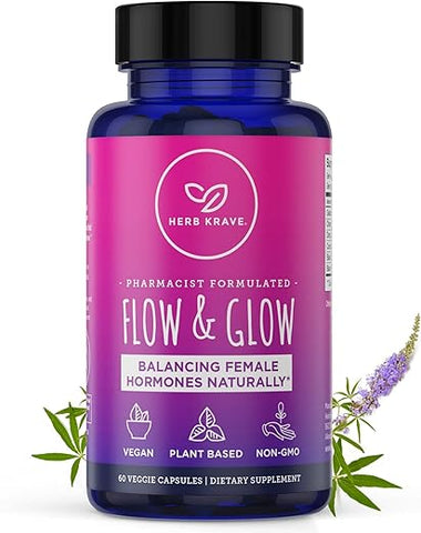 Herb Krave - Flow and Glow – Equilíbrio Hormonal Natural para Mulheres – TPM – 60 cápsulas – 100% natural – Marca Flow and Glow