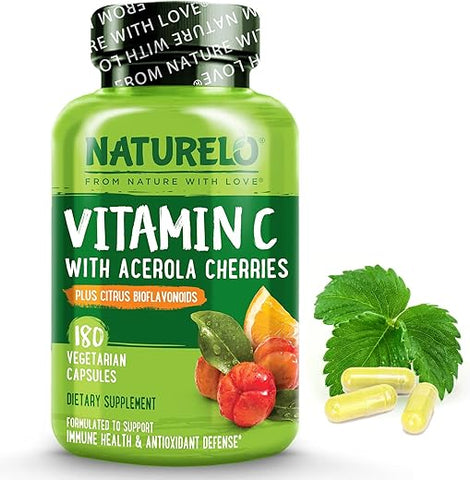Vitamina C com Extrato Orgânico de Acerola e Bioflavonoides Cítricos – Suplemento Vegano – Suporte Imunológico – 500 mg de Vit C por Cápsula – Não-OGM – 180 Cápsulas - NATURELO