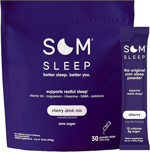 Pó para Bebida Calmante para um Sono Repousante, Melatonina 3mg, Magnésio, Vitamina B6, L-Teanina, GABA – Vegano, Zero Açúcar, Amigo da Dieta Keto – Cereja, 30-Pack - Som Sleep