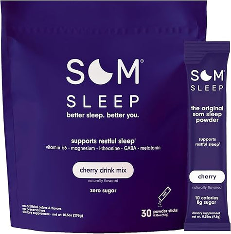 Pó para Bebida Calmante para um Sono Repousante, Melatonina 3mg, Magnésio, Vitamina B6, L-Teanina, GABA – Vegano, Zero Açúcar, Amigo da Dieta Keto – Cereja, 30-Pack - Som Sleep
