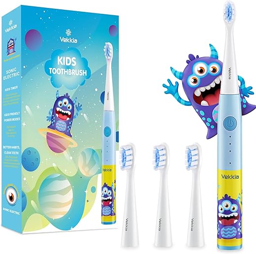 Escova de Dentes Elétrica Infantil, 3 Modos e Temporizador de 2 Minutos para Crianças de 3 Anos, à Prova d’Água IPX7, 4 Cerdas Macias (Monstro de Três Olhos) - Vekkia