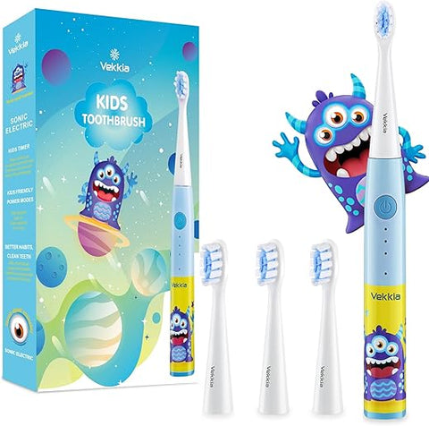 Escova de Dentes Elétrica Infantil, 3 Modos e Temporizador de 2 Minutos para Crianças de 3 Anos, à Prova d’Água IPX7, 4 Cerdas Macias (Monstro de Três Olhos) - Vekkia