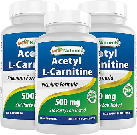 Best Naturals - Melhor Naturals Acetyl L-Carnitina 500 Mg 120 Cápsulas (Pack com 3) – Aumente sua energia e metabolismo