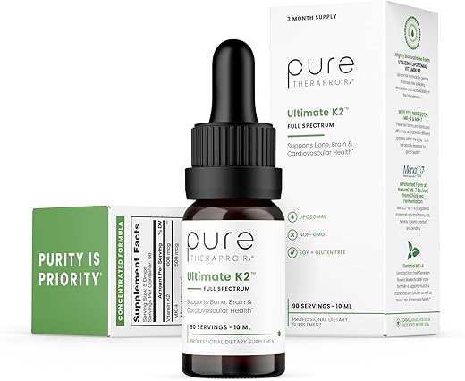 Ultimate K2 | Gotas de Vitamina K2 Líquida | 90 Porções | 600mcg Vegano K2 como MK4 - Pure Therapro Rx