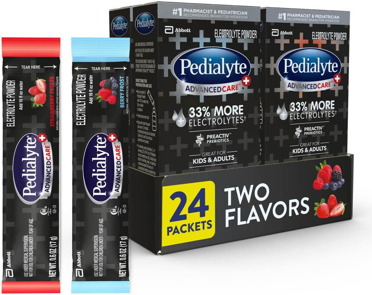 AdvancedCare Plus Pó de Eletrólitos com 33% mais eletrólitos e Prebióticos PreActiv, Sabor Morango Gelado – Embalagem em Pó - Pedialyte