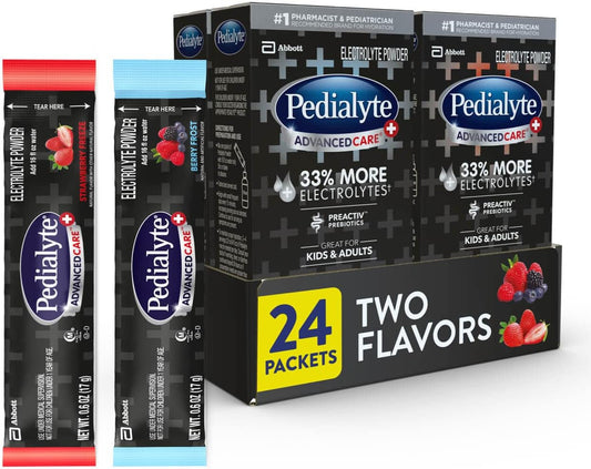 AdvancedCare Plus Pó de Eletrólitos com 33% mais eletrólitos e Prebióticos PreActiv, Sabor Morango Gelado – Embalagem em Pó - Pedialyte