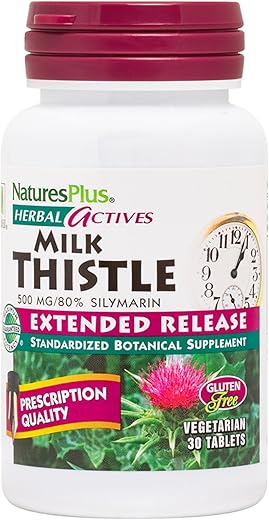 Herbal Actives Milk Thistle – Liberação Prolongada 500mg, 80%% Silymarin, 30 Comprimidos Vegetarianos – Sem Glúten – 30 Porções - Natures Plus