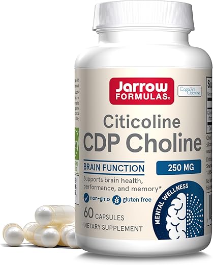 Cápsulas de CDP Colina, Suplemento Alimentar de 250 Mg para Memória e Saúde Cerebral, 60 Cápsulas Vegetarianas, Fornecimento de 60 Dias - Jarrow Formulas