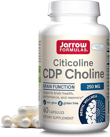 Cápsulas de CDP Colina, Suplemento Alimentar de 250 Mg para Memória e Saúde Cerebral, 60 Cápsulas Vegetarianas, Fornecimento de 60 Dias - Jarrow Formulas