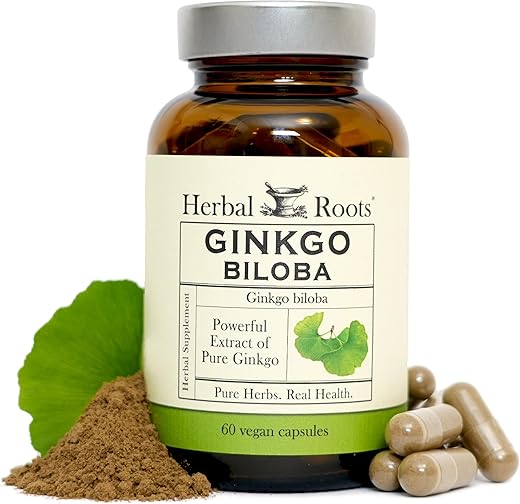 Ginkgo Biloba Herbal Roots – Folha de Ginkgo Pura Orgânica – 1.400mg por Porção, 60 Cápsulas Veganas