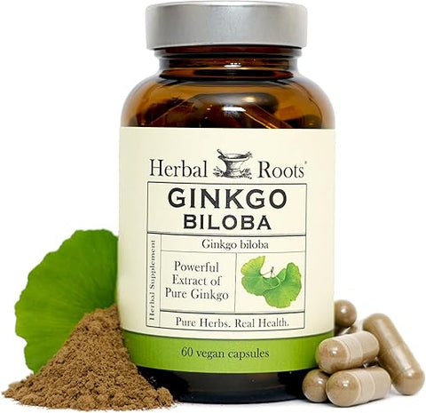 Ginkgo Biloba Herbal Roots – Folha de Ginkgo Pura Orgânica – 1.400mg por Porção, 60 Cápsulas Veganas