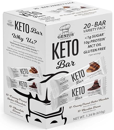 Barra de Proteína Keto Sem Glúten, Chocolate Keto Bars, MCTs Premium, Baixo Carboidrato, Baixo Açúcar (Pacote Sortido, 20 Unidades) - Genius Gourmet