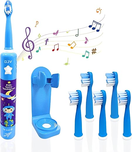 OJV - Escova de Dentes Elétrica Musical 8620 para Crianças, 3 Modos, Temporizador de 2 Min, 6 Cerdas Recarregáveis, Smart Sonic Music, para Meninas de 3 a 14 Anos com Suporte de Parede