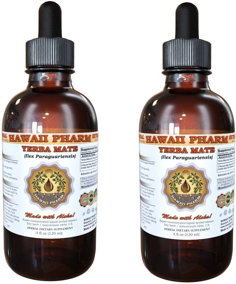 Yerba Mate Líquido, Extrato Orgânico de Yerba Mate (Ilex Paraguariensis), Tintura Herbal, Hawaii Pharm, Feito nos EUA, 2×120 ml