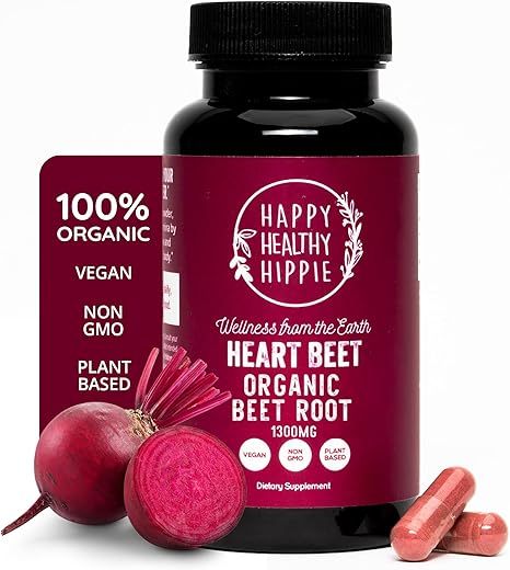 Happy Healthy Hippie - Cápsulas de Beterraba Orgânica [1.300mg Superfood] – Suplemento para Suporte à Pressão Arterial, Pó de Beterraba – Suplemento de Óxido Nítrico, Fluxo Sanguíneo
