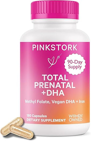 Total Vitaminas Pré-Natais com DHA, Ácido Fólico e Ferro – Suprimento de 3 Meses para Apoiar o Desenvolvimento Fetal – Essenciais na Gravidez – 180 Cápsulas - Pink Stork