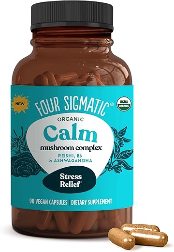 Cápsulas Four Sigmatic Calm | Suplemento Vegano para Alívio do Estresse e Promoção de Humor Positivo com Pó de Ashwagandha Orgânico, Cogumelo Reishi Orgânico, Tulsi (Extrato de Manjericão Sagrado) | 100% Natural e Eficaz