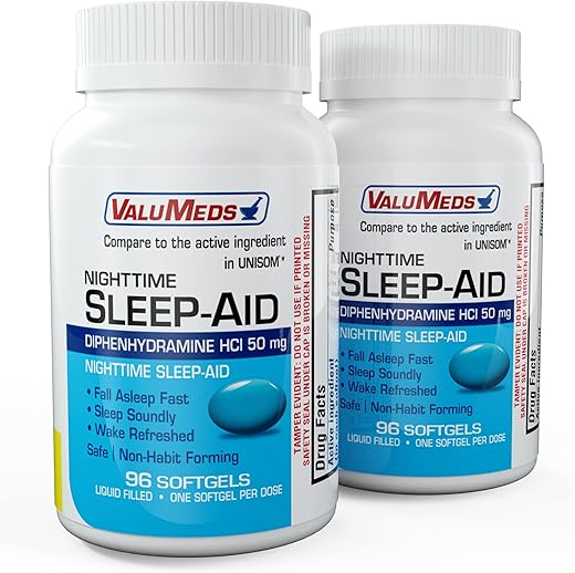 Nighttime Sleep Aid Diphenhydramine Hydrochloride 50mg Extra Strength Sleepgels – Suporte para um sono profundo e reparador para adultos (Pacote Duplo – 192 Softgels) - ValuMeds