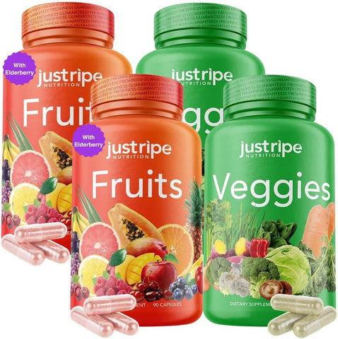 Just Ripe Nutrition - Suplemento de Frutas e Vegetais – 90 Cápsulas de Frutas e 90 Cápsulas de Vegetais (Pacote com 2) – Superfood 100% Natural – Rico em Vitaminas e Minerais – Suporta Níveis de Energia – Feito com Ingredientes Integrais