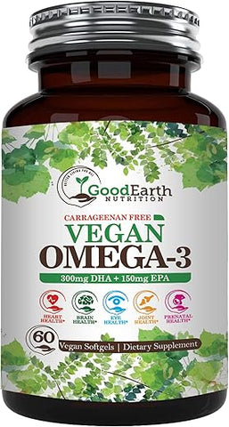 GoodEarth Nutrition - Vegan Omega 3 – DHA/EPA à base de algas vegetais sem carragenina – 60 cápsulas vegetais – Suporte para cérebro, coração e articulações
