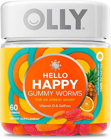 Hello Happy Gummy Worms – Equilíbrio de Humor, Vitamina D, Açafrão, Suplemento Mastigável para Adultos, Sabor Tropical – 60 Unidades - OLLY