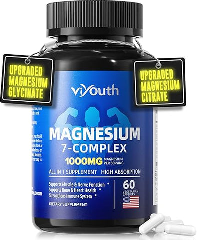 VIYOUTH - Magnésio Glicinato Suplemento, Complexo Avançado de Magnésio 7 com Citrato Malato Quelato Taurato Orotato Aspartato, Cápsulas de Magnésio com Zinco, Vitamina D3