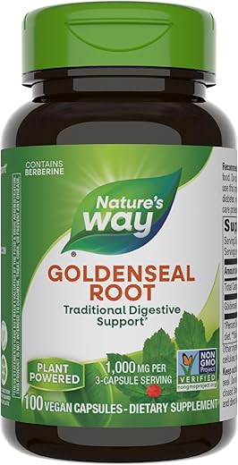 Nature's Way - Nature’s Way Goldenseal Root – Suporte Digestivo Tradicional, Contém Berberina, Verificado pelo Projeto Non-GMO, Vegano, 100 Cápsulas (Embalagem Pode Variar)