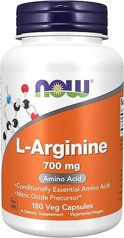 Suplementos, L-Arginina 700 mg, Precursor de Óxido Nítrico, Aminoácido, 180 Cápsulas Vegetais - NOW Foods