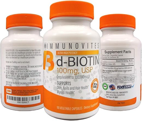 IMMUNOVITES - 3-Pack Biotina de Alta Dose (como d-Biotina, USP) 100mg (Equivalente a 100.000mcg) 90 Cápsulas, Alta Potência (3)