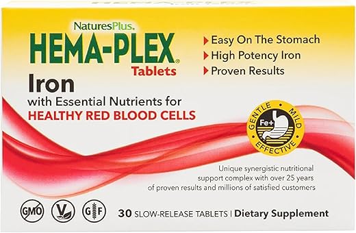 Natures Plus - NaturesPlus Hema-Plex Iron – 30 Comprimidos de Liberação Lenta, Embalagem com 2 – Saúde Total do Sangue – 85 mg Ferro Quelado – com Vitamina C