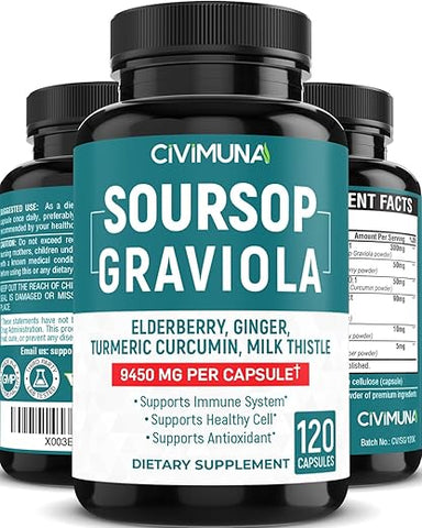 CIVIMUNA - Cápsulas de Extrato de Graviola Soursop | 9450mg | 120 Cápsulas – 4 Meses de Suprimento | Graviola, Sabugueiro e Curcumina de Cúrcuma