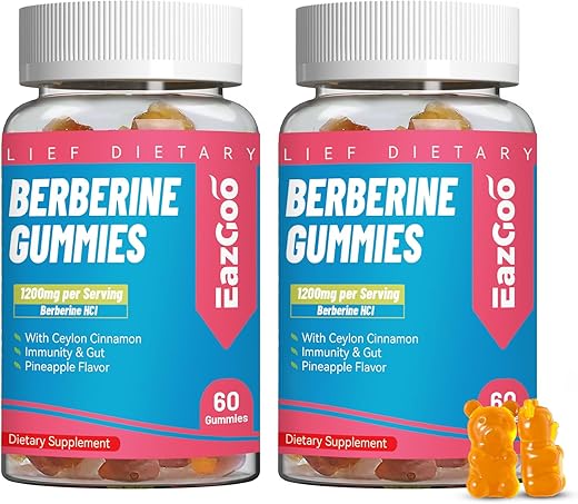 EAZGOO - Berberine Gummies 2 Unidades – 1200mg com Canela do Ceilão para Metabolismo e Energia, Vegano Sem Gelatina – 120 Unidades