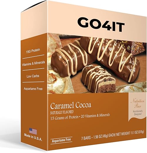 MY NEAT HEALTH - GO4IT Barra de Substituição de Refeição para Saúde, Alta em Proteínas, Rica em Fibras, Baixa em Calorias, Amiga da Dieta KETO, Prática para Levar, Barra de Alimentos para Perda de Peso, 7/Unidades – (Caramelo Cacau)