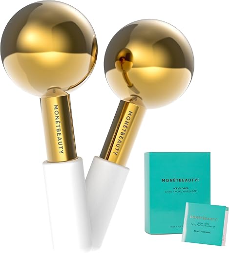 MonétBeauty - Globos de Gelo em Aço Inoxidável para Faciais (Dourado), Duráveis e Instantaneamente Reduzem Inchaço, Fecham Poros e Aliviam Sinusite, Globos Faciais para Massagens e Beleza Diária