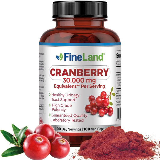 Extrato de Cranberry FineLand 60:1, Força Máxima 30.000 mg Equivalente por Cápsula de Cranberry, 100 Cápsulas Vegetais, Suprimento de 3 Meses, 100% Vegano, Natural