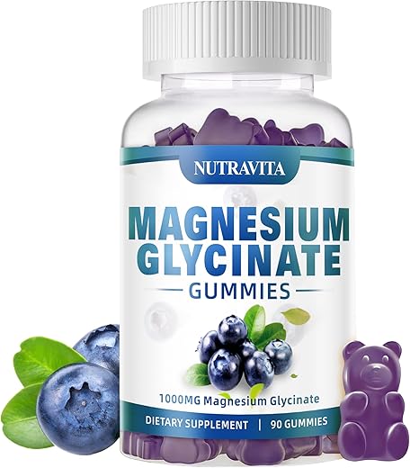 nutravita - Magnesium Glycinate Gummies 1000mg com Magnésio L-Treonato, Complexo de Magnésio Quelato de Potássio com VitD, B6, CoQ10, Cálcio, Suporte para Memória, Calma, Humor – 90 Gomas