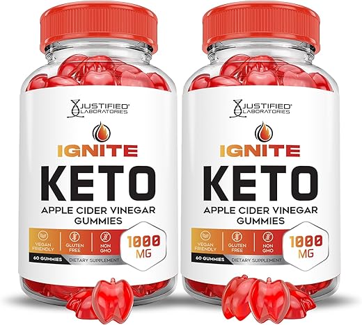 Justified Laboratories - (2 Pacotes) Gomas Ignite Keto ACV Avançadas 1000MG Fórmula de Gomas Ignite Keto de Vinagre de Maçã Formuladas com Suco de Romã em Pó B12 Vegano Não GMO 120 Gomas